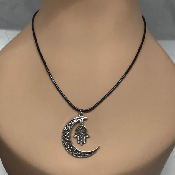 Filigree Crescent Moon Hamsa Hand Necklace Hindu - Picture 4 of 7